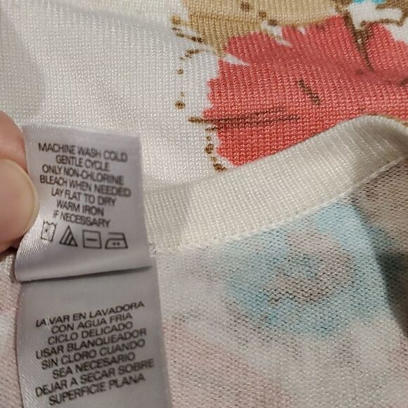 Emma James Creamy Teal Peach Floral Stretchy Sweater, Sz L - Picture 7 of 7